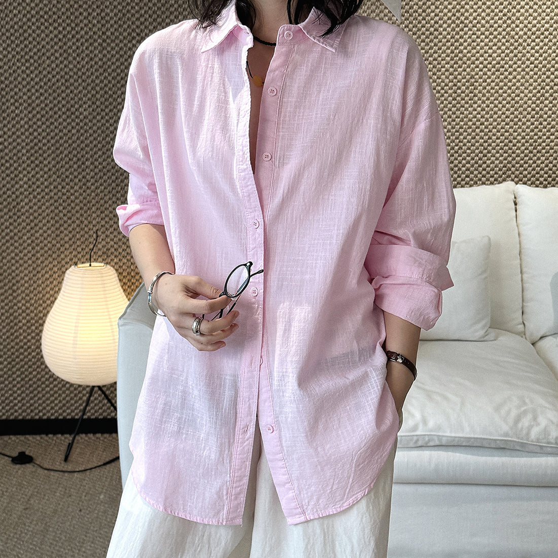 Cotton linen oversized shirt women breathable loose long sleeve casual blouse