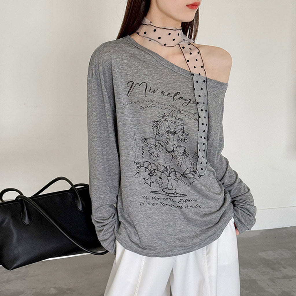 Women’s Off-Shoulder Printed Long-Sleeve Top with Polka Dot Scarf