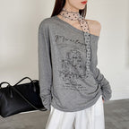 Women’s Off-Shoulder Printed Long-Sleeve Top with Polka Dot Scarf