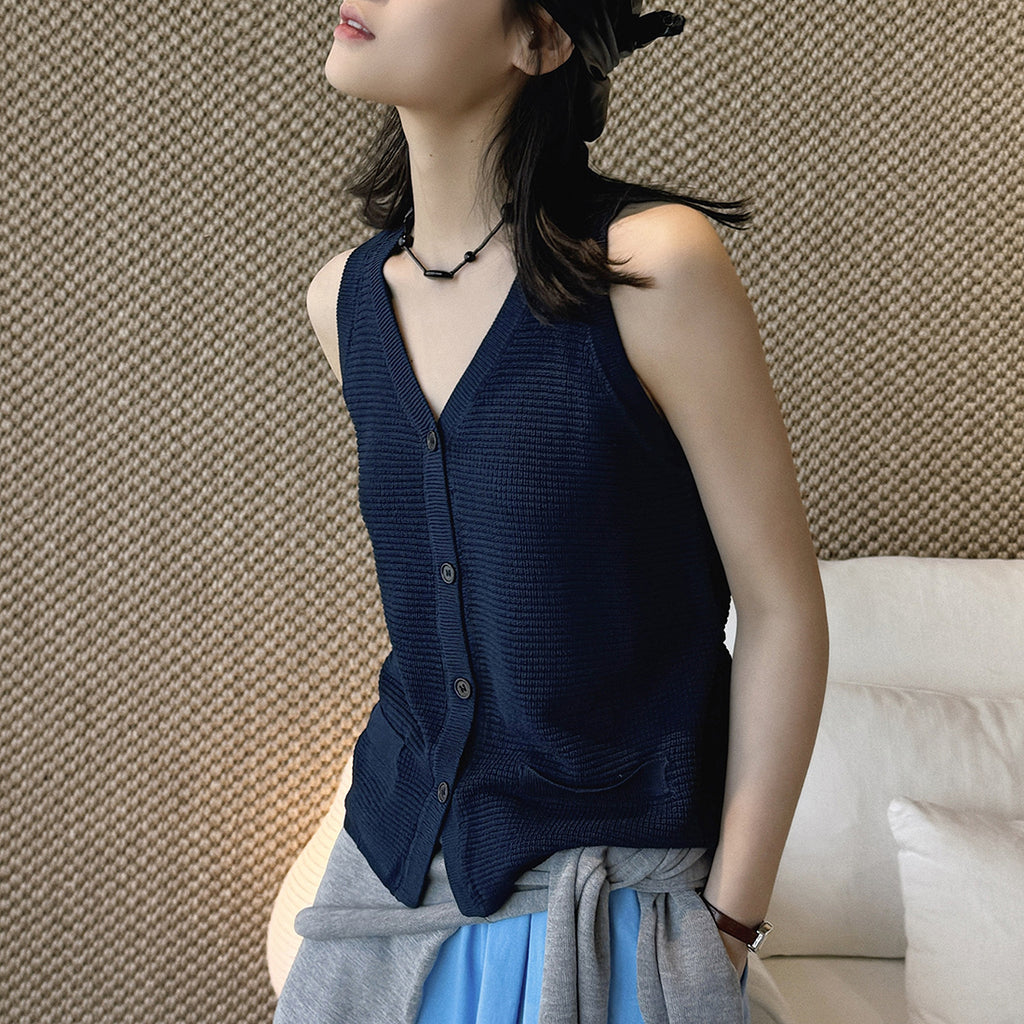 Sleeveless V-Neck Knit Button Vest Top