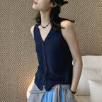 Sleeveless V-Neck Knit Button Vest Top