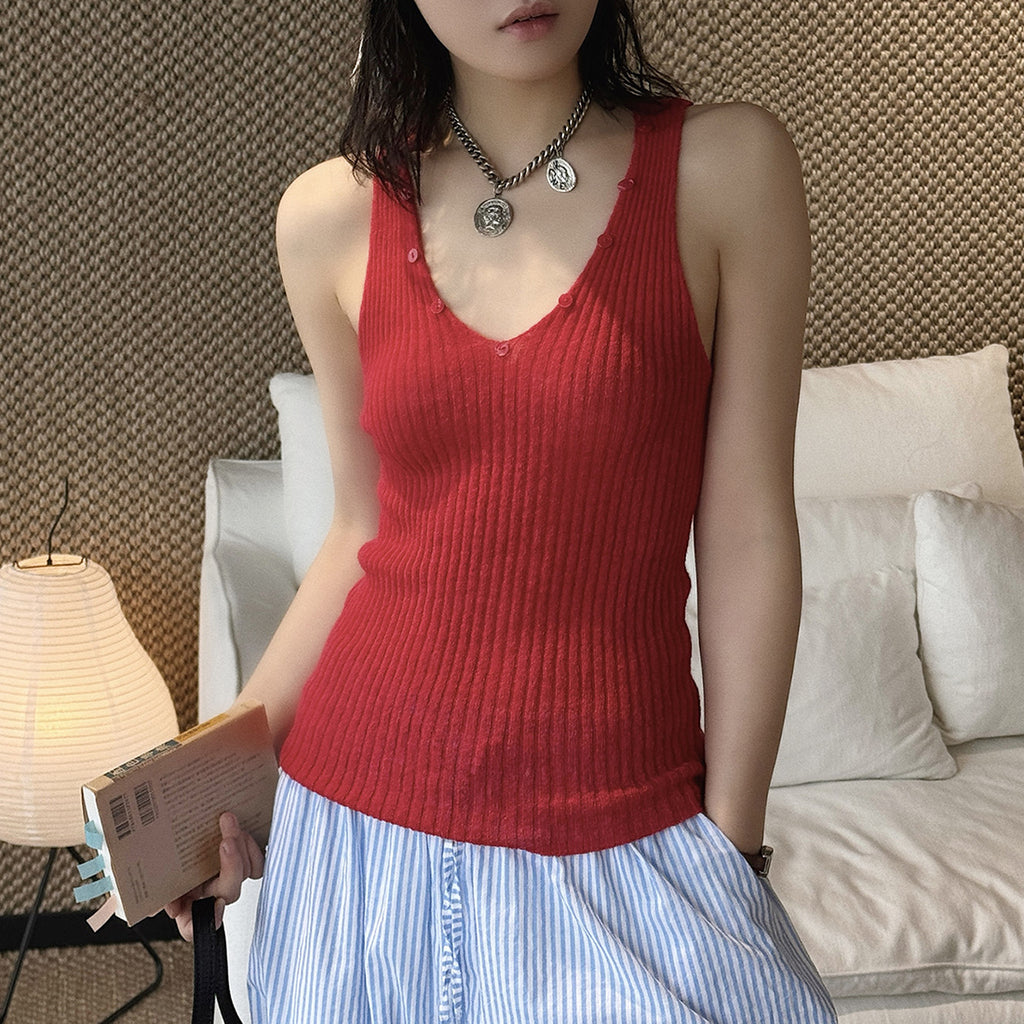 V-Neck Ribbed Knit Tank Top with Button Detail