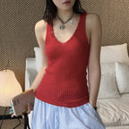 V-Neck Ribbed Knit Tank Top with Button Detail