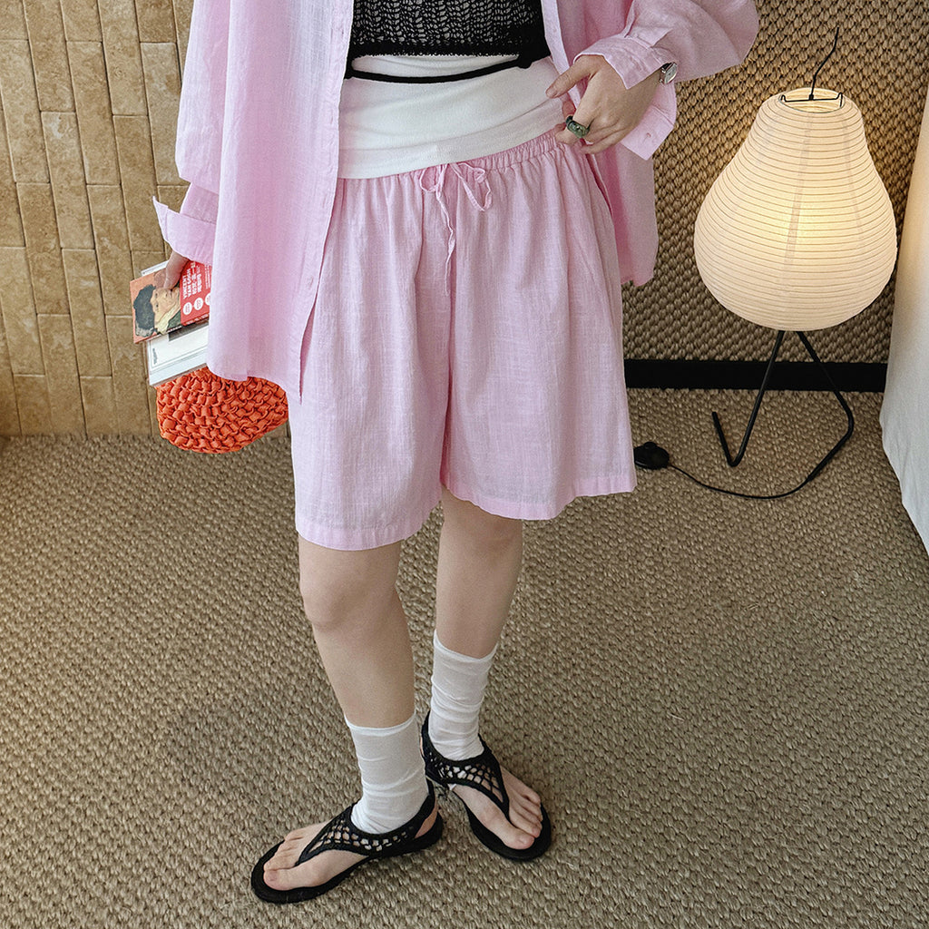 High Waist Linen Cotton Drawstring Bermuda Shorts - Multiple Colors