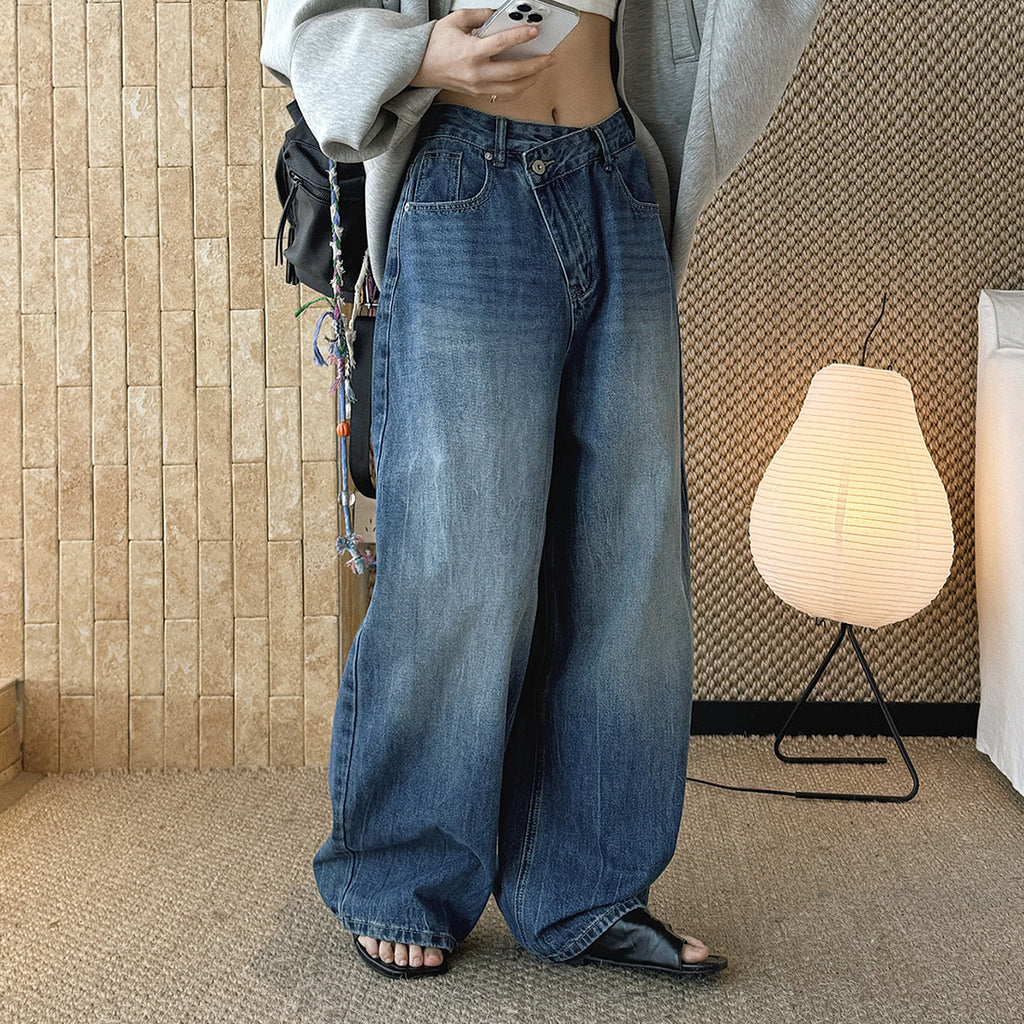 High waist washed wide leg jeans with vintage faded finish