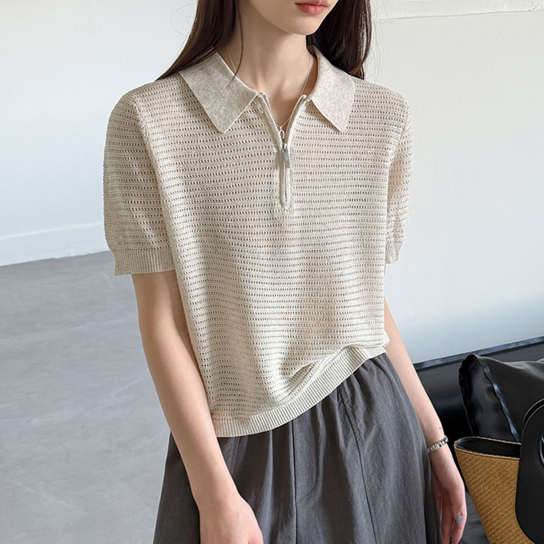Women’s Half-Zip Hollow Knit Polo Top