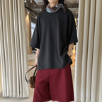 Round neck off shoulder oversized fleece T-shirt short sleeved loose fit top