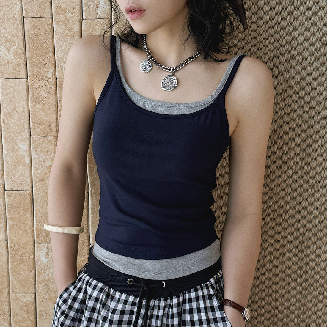 layered tank top slim fit stretchy camisole contrast trim sleeveless top