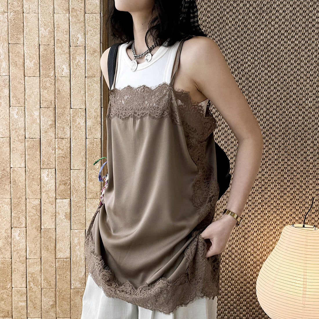 Lace trim cami top with silky stretch fabric for layering or solo wear