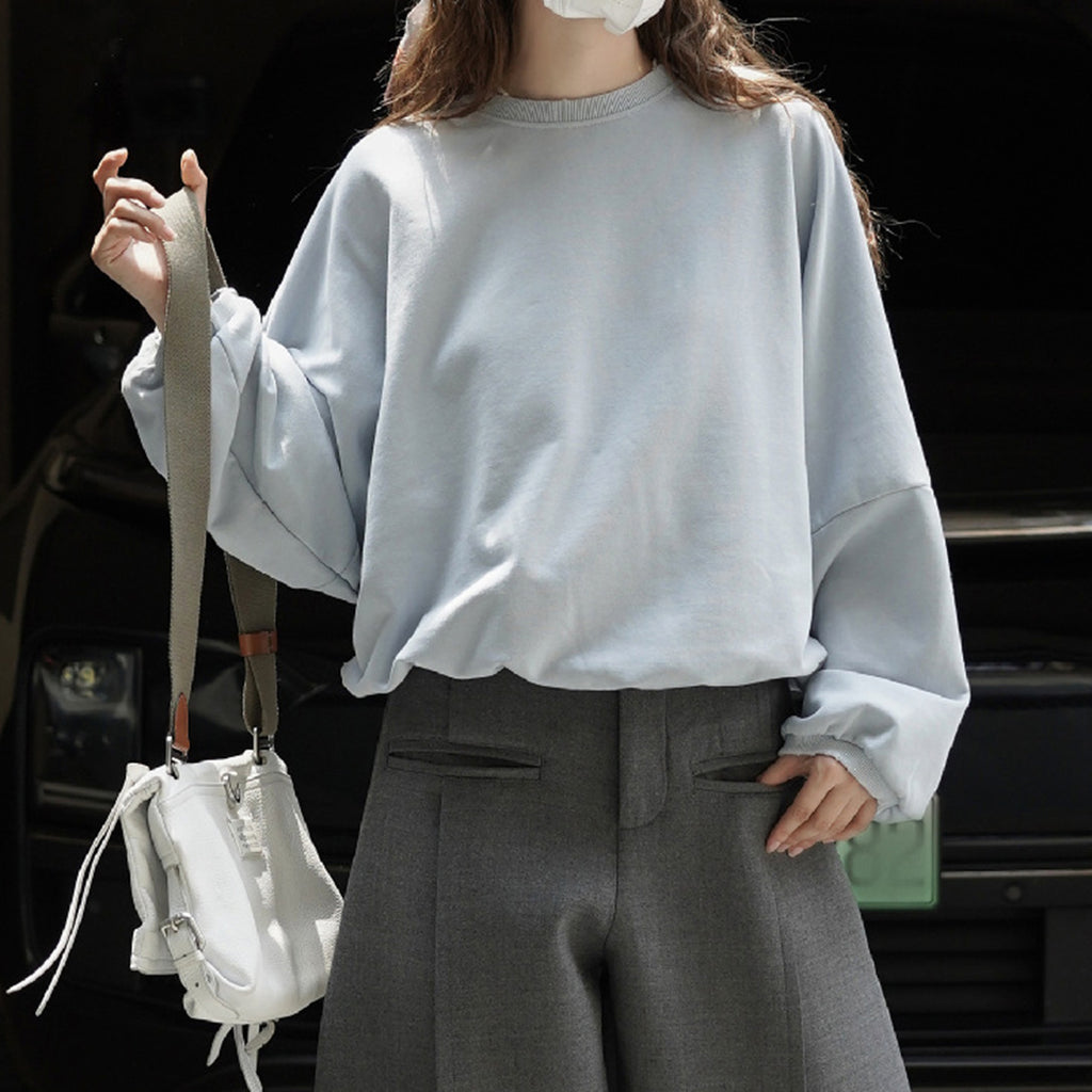 Round neck hem pleated long sleeved top sweatshirt