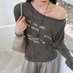 Women’s Off-Shoulder Letter Print Sheer Long-Sleeve Top