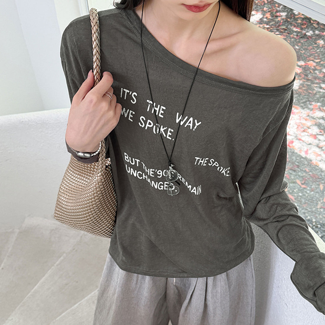 Women’s Off-Shoulder Letter Print Sheer Long-Sleeve Top