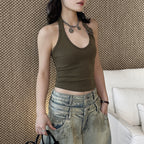 Halter Neck Fitted Tank Top with Buckle Strap Detail