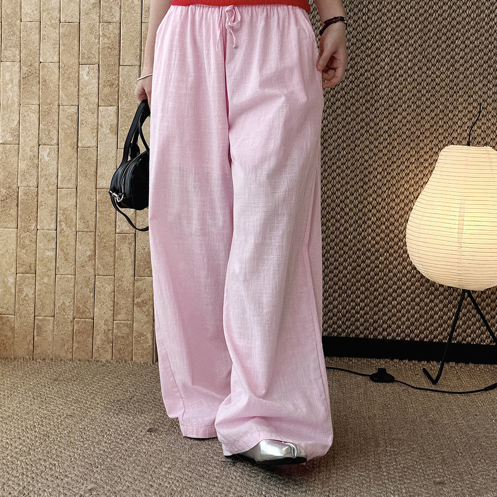 High Waist Cotton Linen Wide Leg Pants with Drawstring