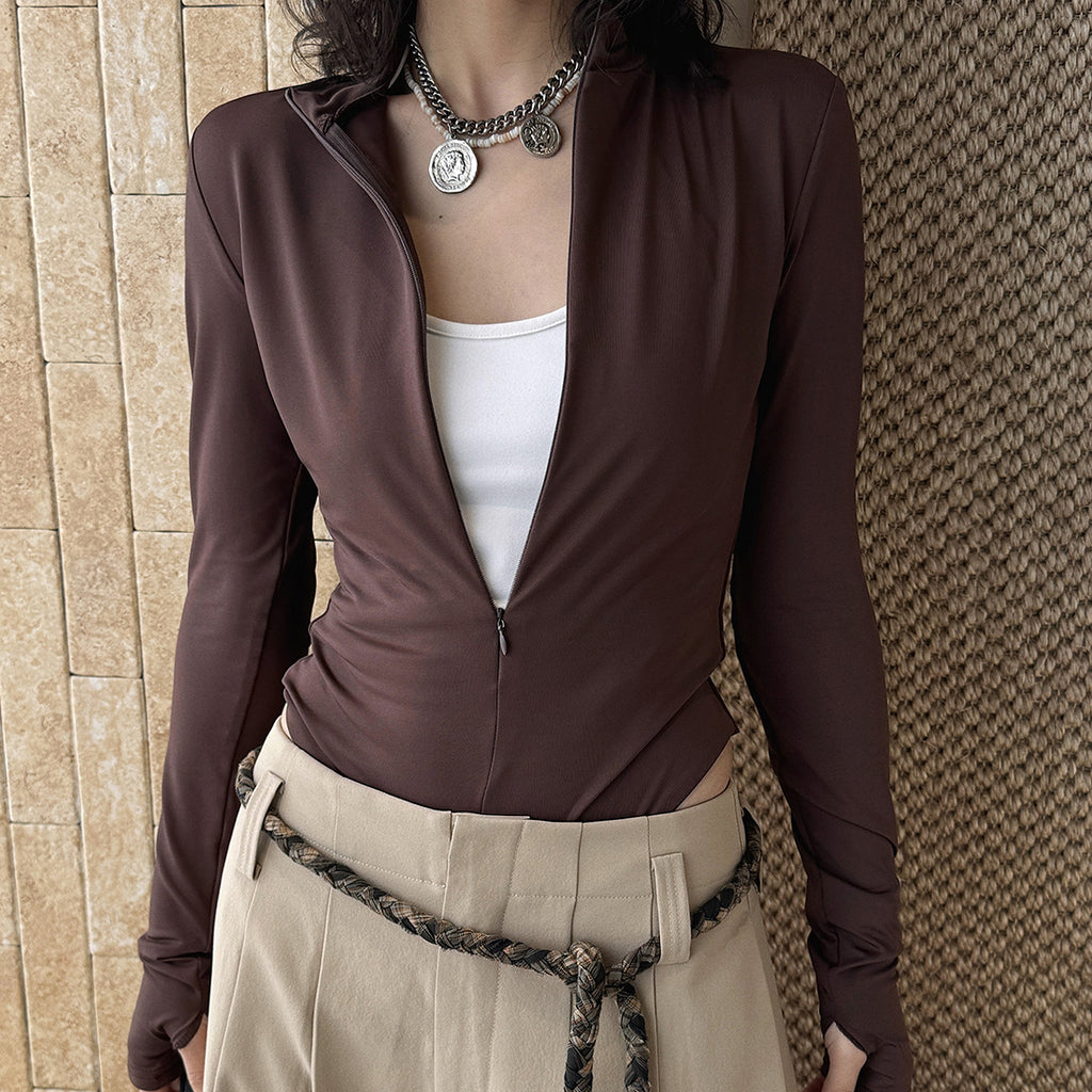 Slim fit stand collar zip long sleeve bodysuit