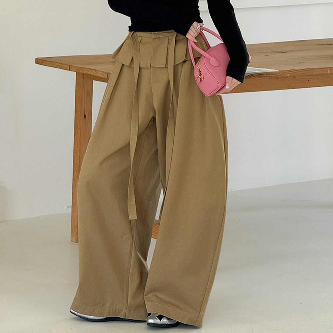 High waist pleated wide leg pants women loose drape trousers with tie waist
