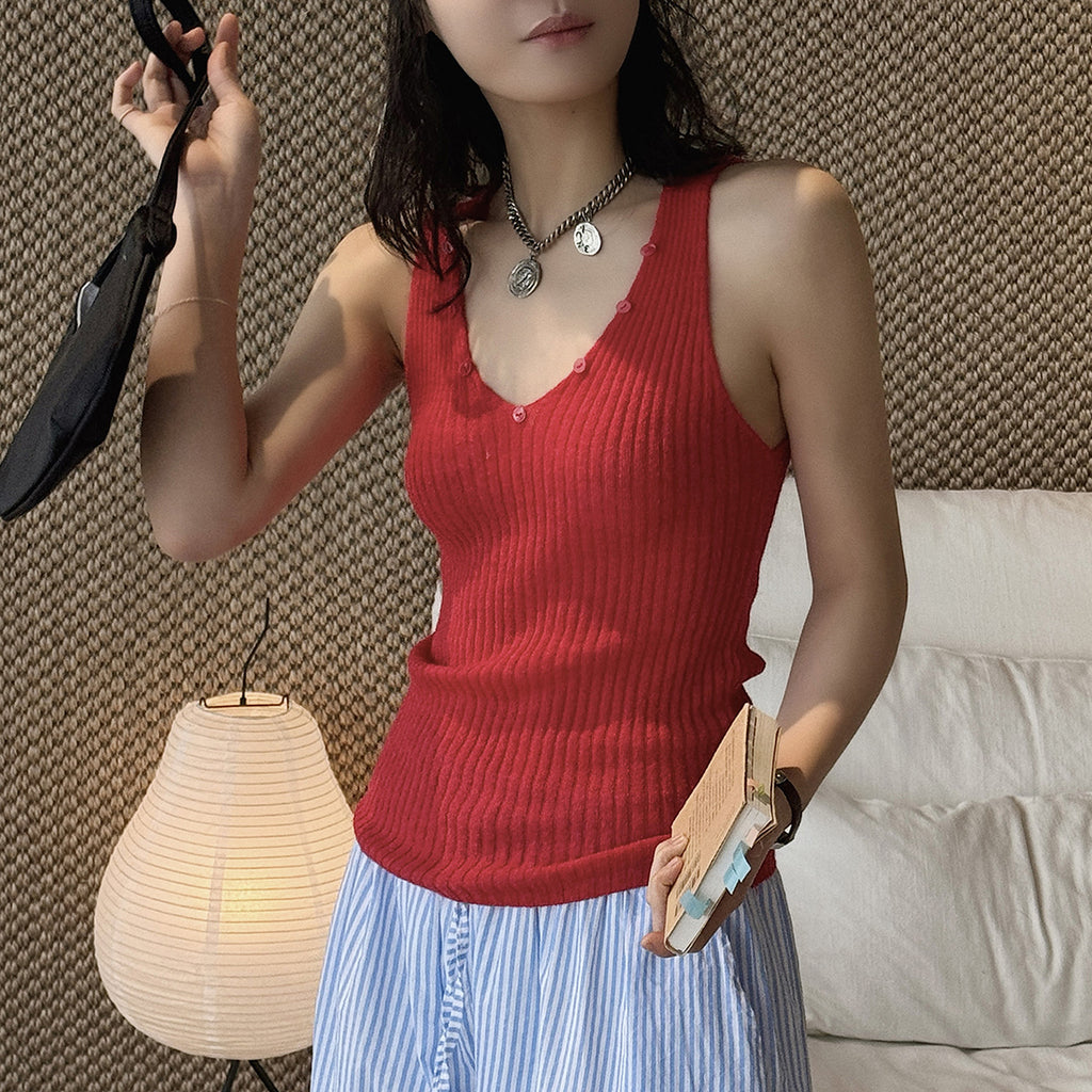 V-Neck Ribbed Knit Tank Top with Button Detail