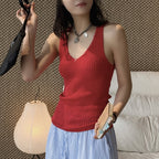 V-Neck Ribbed Knit Tank Top with Button Detail