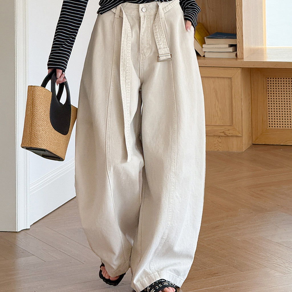 High waist wide leg pants women loose casual trousers with belt cotton