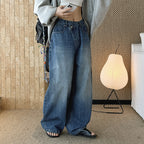 High waist denim jeans, wide leg loose fit, vintage wash