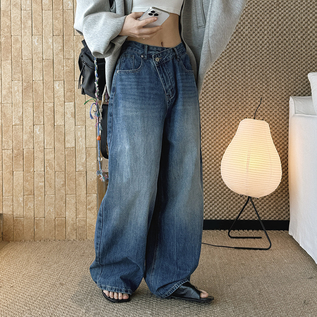 High waist denim jeans, wide leg loose fit, vintage wash