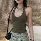 Halter Neck Fitted Tank Top with Buckle Strap Detail