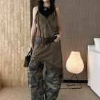 V-neck lace slimming base strap asymmetrical hem top