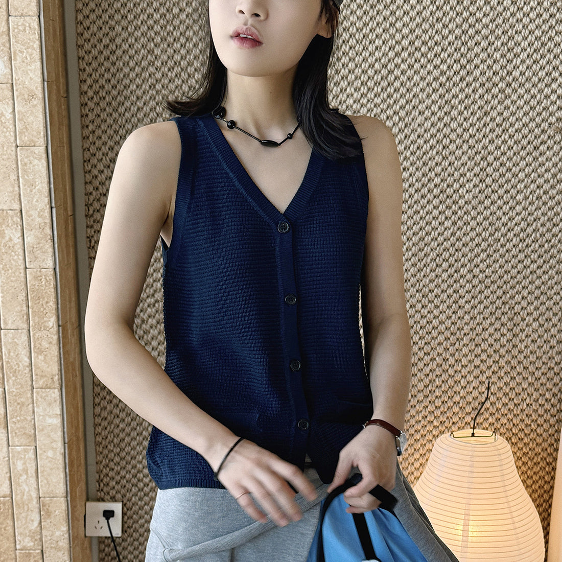 Sleeveless V-Neck Knit Button Vest Top