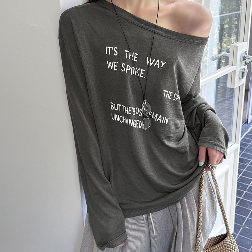 Women’s Off-Shoulder Letter Print Sheer Long-Sleeve Top