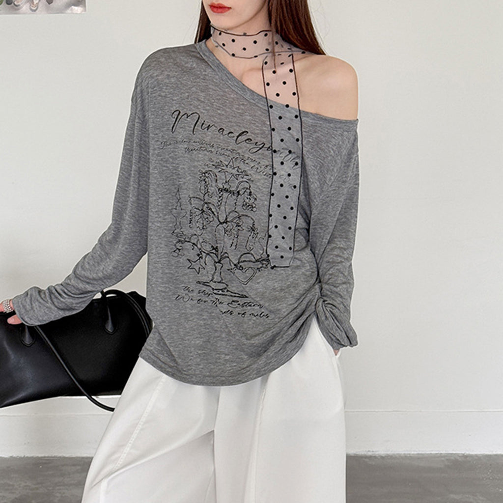 Women’s Off-Shoulder Printed Long-Sleeve Top with Polka Dot Scarf