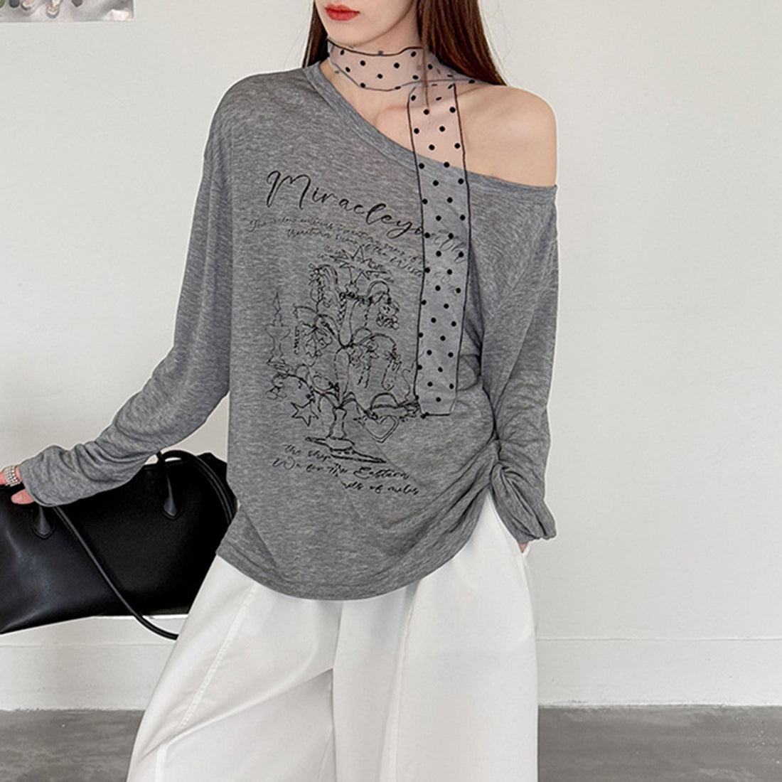 Women’s Off-Shoulder Printed Long-Sleeve Top with Polka Dot Scarf