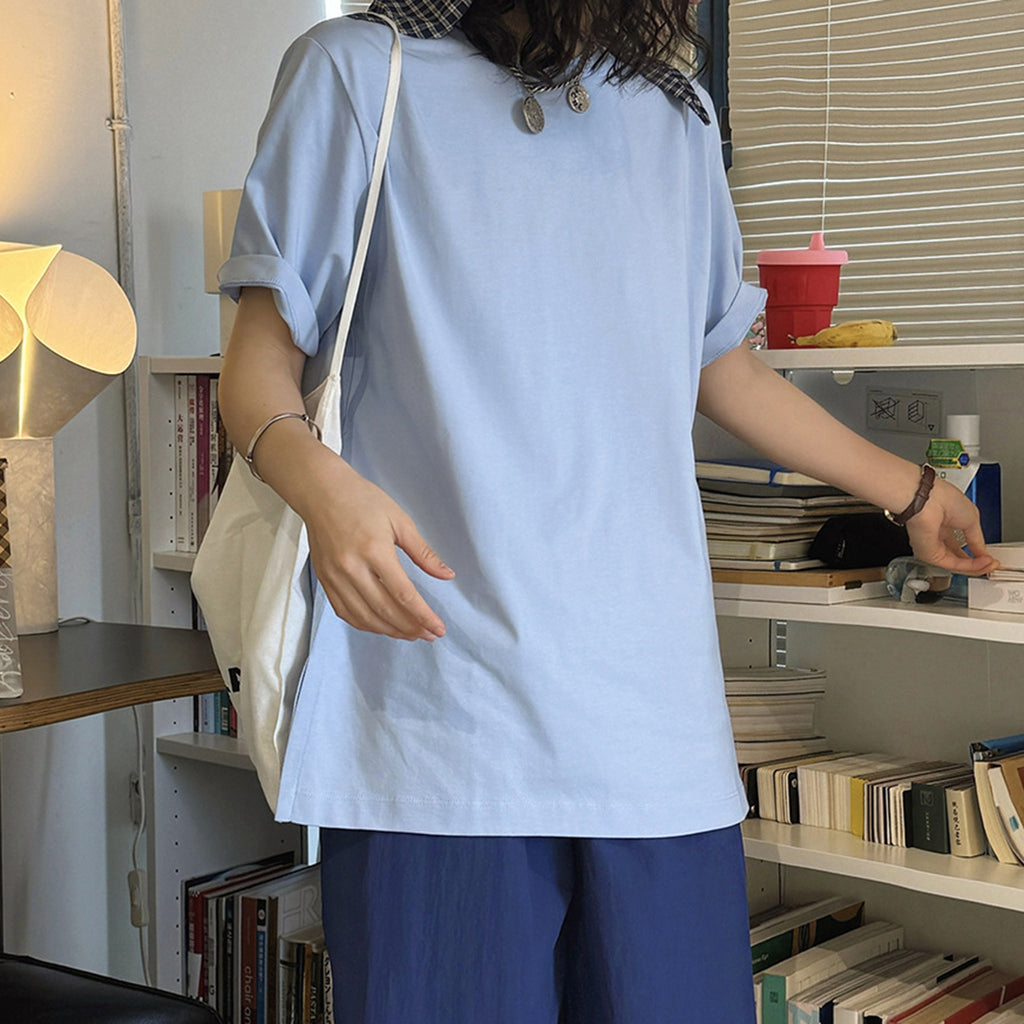 Simple round neck loose hem with micro slits on both sides T-shirt top