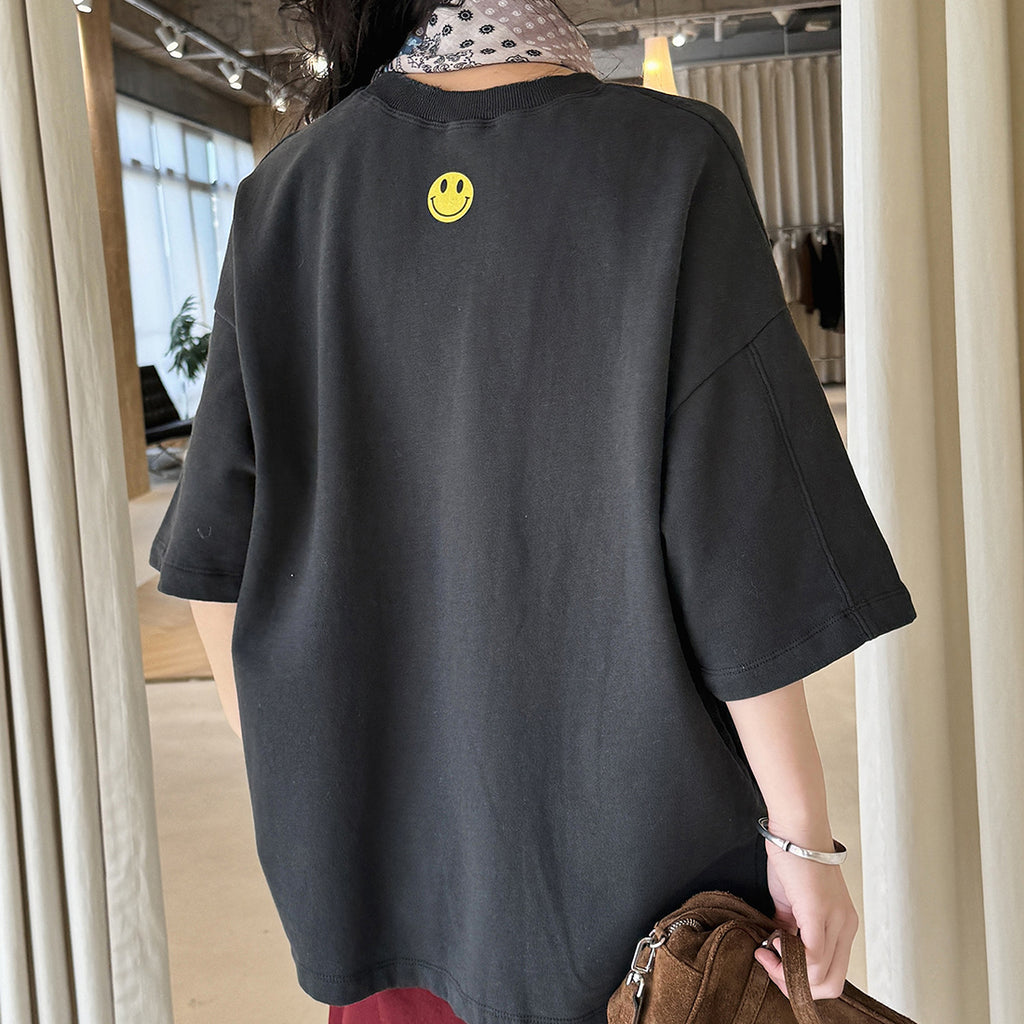 Round neck off shoulder oversized fleece T-shirt short sleeved loose fit top