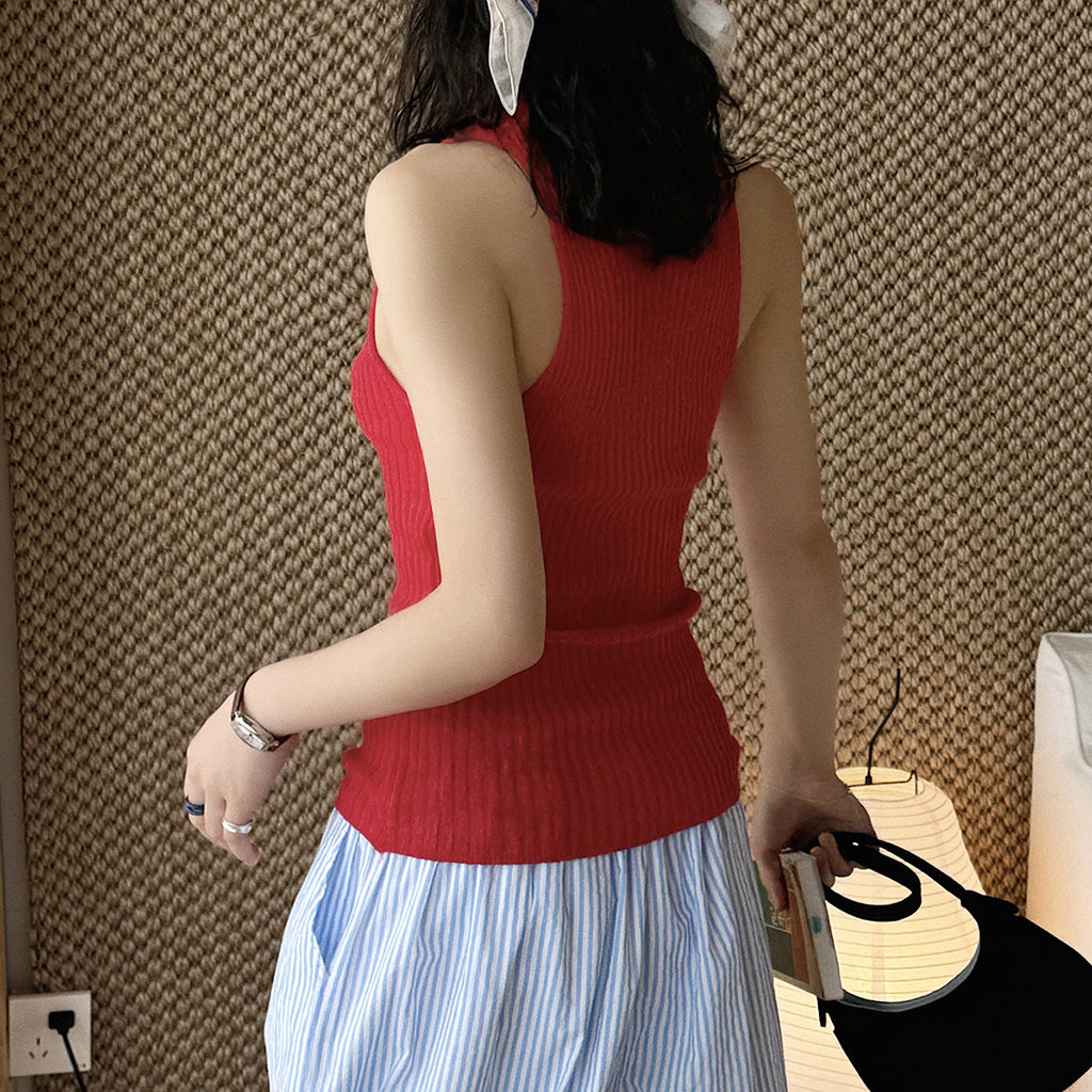 V-Neck Ribbed Knit Tank Top with Button Detail