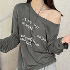Women’s Off-Shoulder Letter Print Sheer Long-Sleeve Top