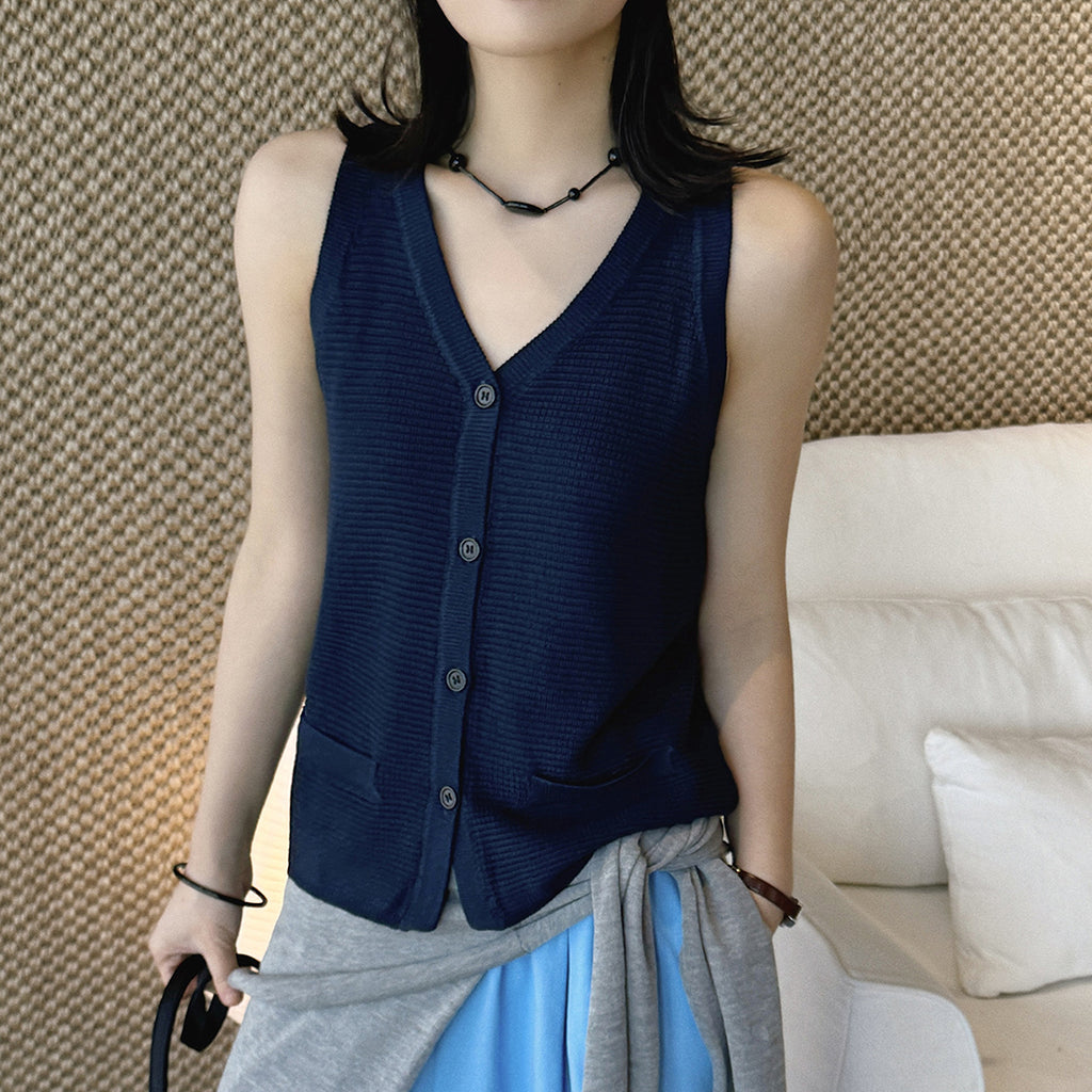 Sleeveless V-Neck Knit Button Vest Top