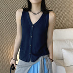 Sleeveless V-Neck Knit Button Vest Top