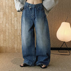 High waist denim jeans, wide leg loose fit, vintage wash
