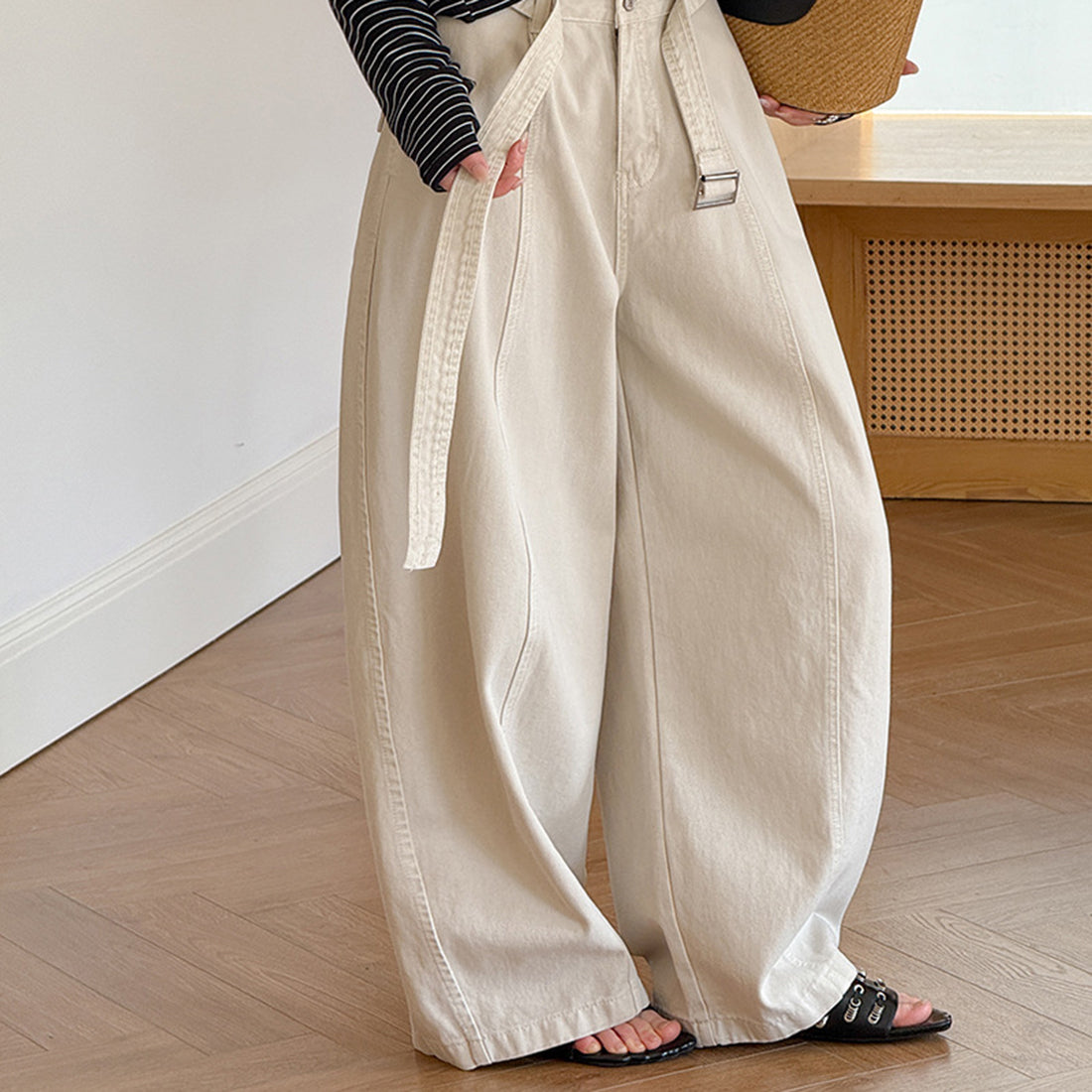 High waist wide leg pants women loose casual trousers with belt cotton