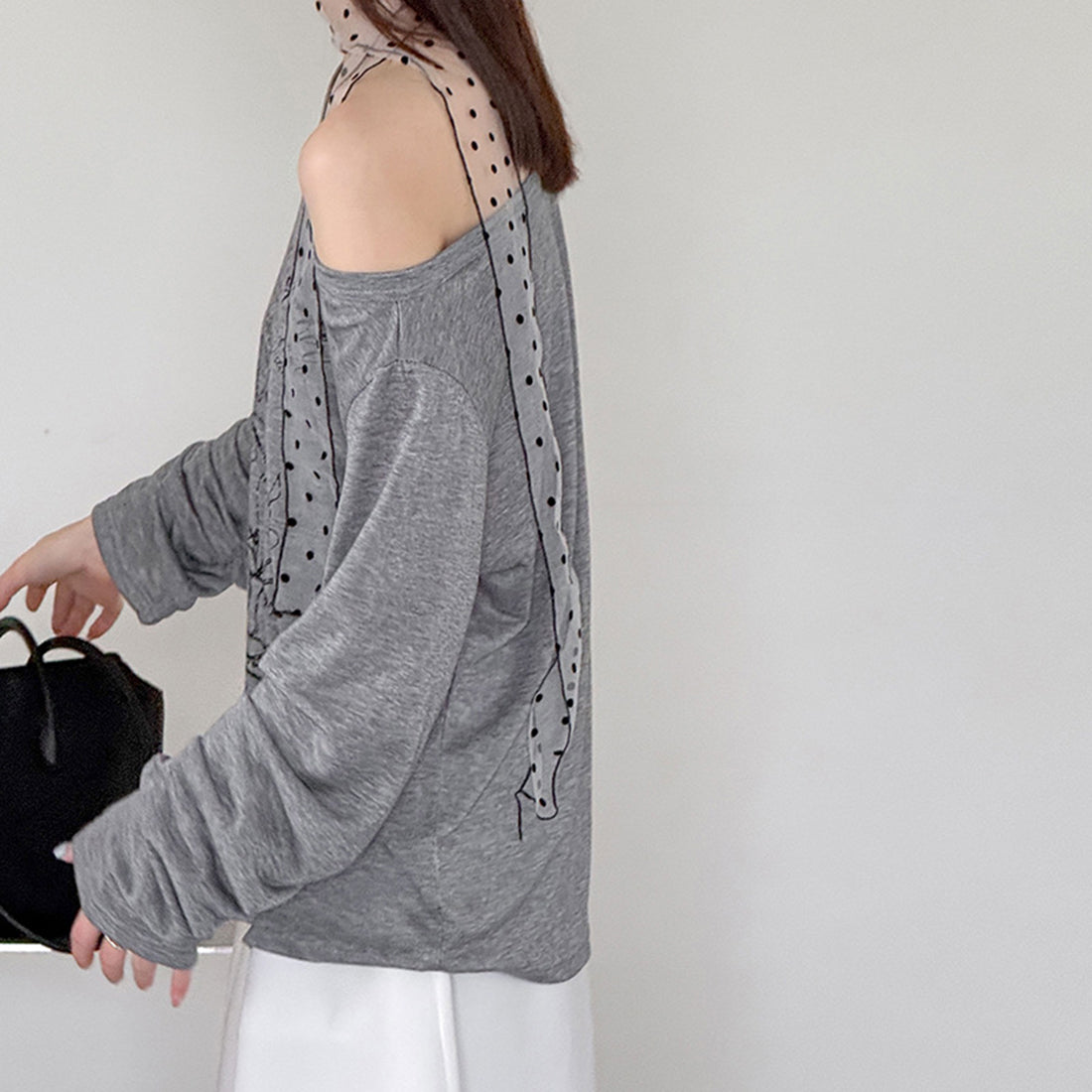 Women’s Off-Shoulder Printed Long-Sleeve Top with Polka Dot Scarf