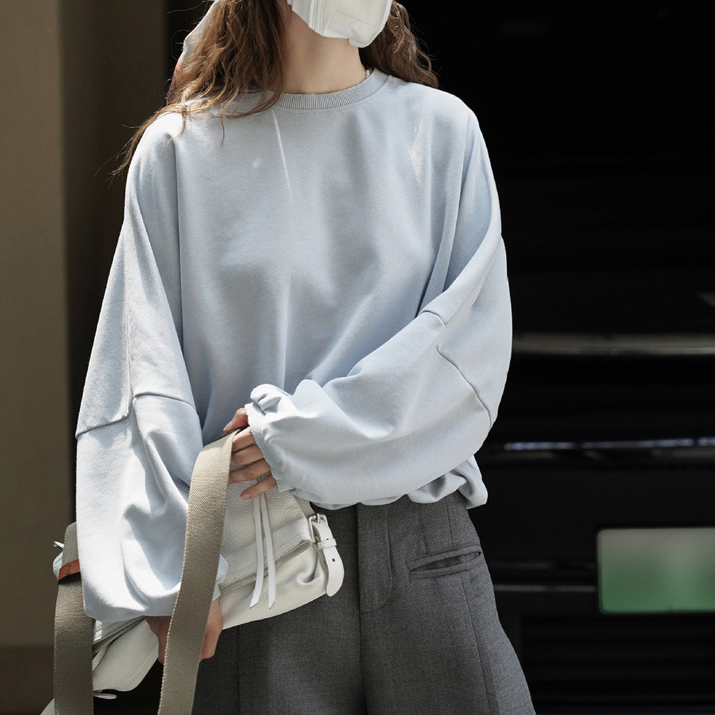 Round neck hem pleated long sleeved top sweatshirt