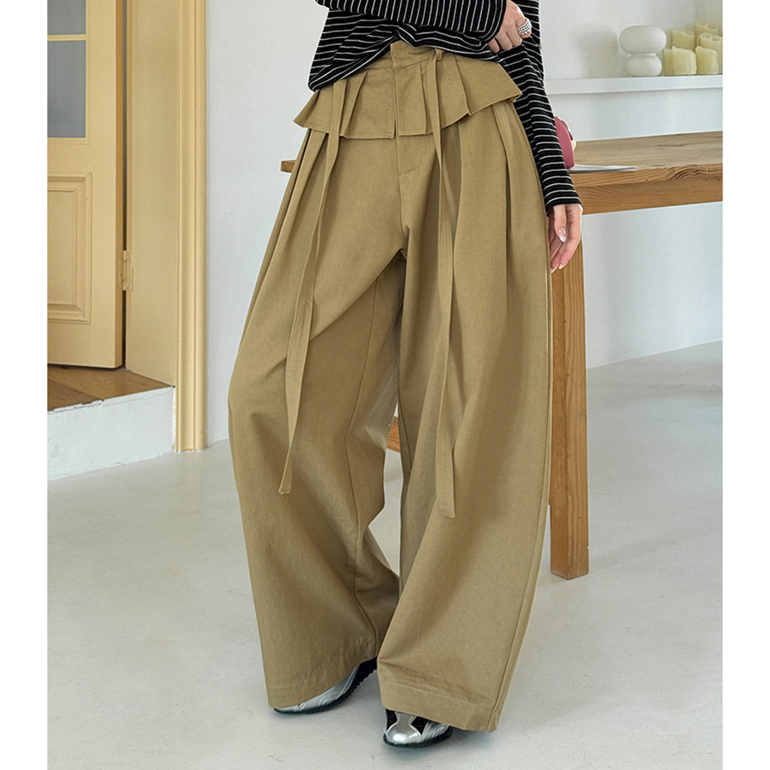 High waist pleated wide leg pants women loose drape trousers with tie waist