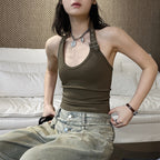 Halter Neck Fitted Tank Top with Buckle Strap Detail