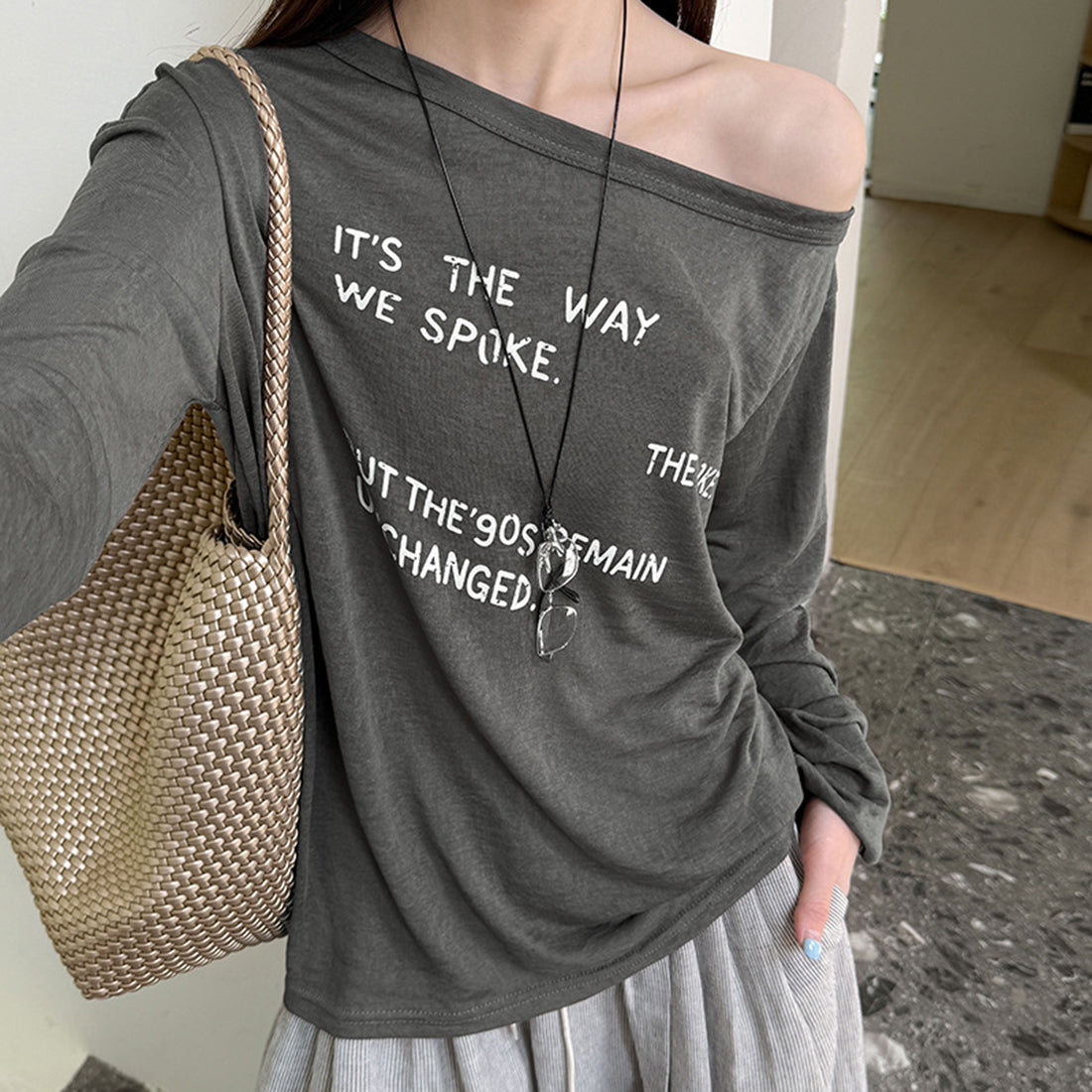 Women’s Off-Shoulder Letter Print Sheer Long-Sleeve Top