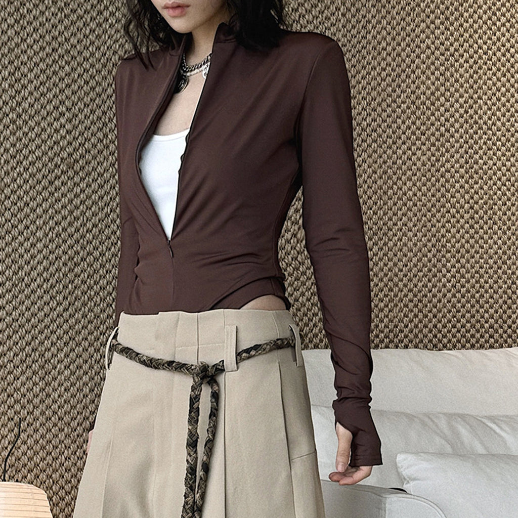 Slim fit stand collar zip long sleeve bodysuit