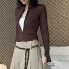 Slim fit stand collar zip long sleeve bodysuit