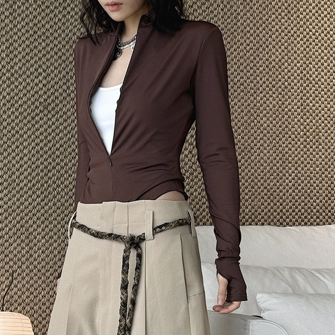 Slim fit stand collar zip long sleeve bodysuit