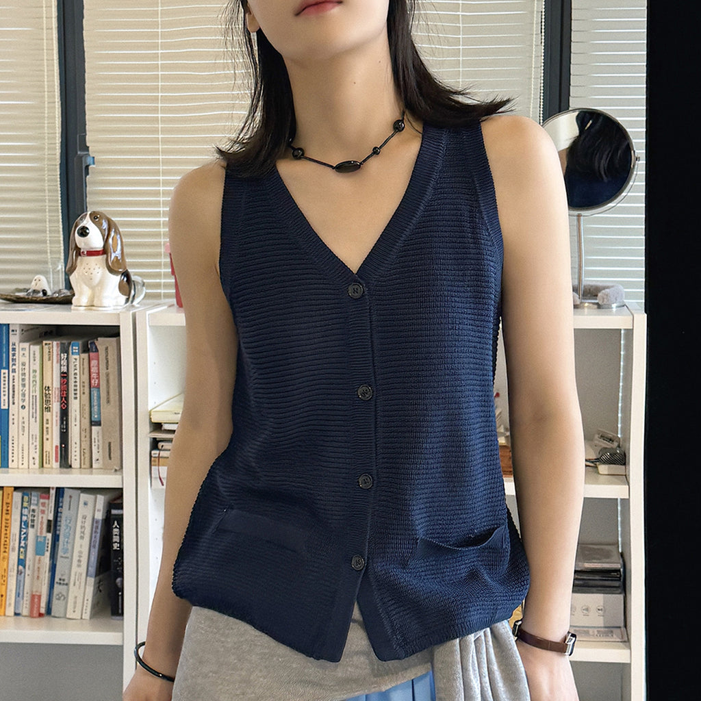 Sleeveless V-Neck Knit Button Vest Top