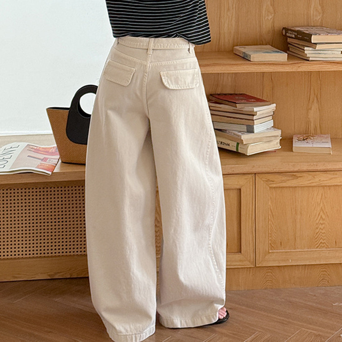 High waist wide leg pants women loose casual trousers with belt cotton