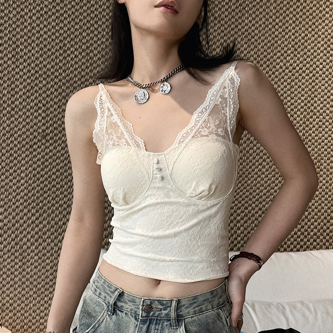 Women’s V-Neck Lace Camisole with Built-in Bra